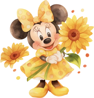 Hình ảnh Minnie Mouse hoạt hình dễ thương cầm hoa hướng dương vàng, vẽ theo phong cách màu nước.