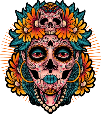 Hình ảnh minh họa chân dung Sugar Skull (La Catrina) với khuôn mặt trang trí cầu kỳ, đội vương miện hoa và đầu lâu nhỏ, đôi mắt đỏ rực.