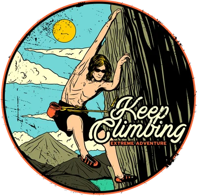 Hình minh họa người leo núi vách đá với dòng chữ Keep Climbing phong cách retro vintage