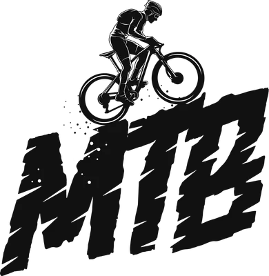 Hình minh họa người đi xe đạp địa hình (MTB) màu đen trắng trên nền xám, với chữ MTB lớn bên dưới.