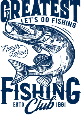 Hình minh họa cá lớn màu xanh trắng cắn câu, phong cách vintage, với chữ 'Greatest Fishing Club'.