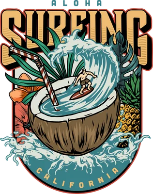 Hình minh họa người lướt sóng trong quả dừa phong cách retro Aloha California
