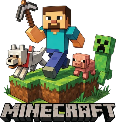 Nhân vật Steve Minecraft cầm cuốc, chạy cùng chó, lợn và Creeper trên nền cỏ.