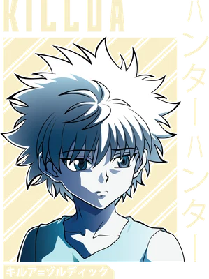 Hình vẽ nhân vật Killua Zoldyck từ anime Hunter x Hunter, tóc trắng, mắt xanh, mặc áo xanh nhạt.