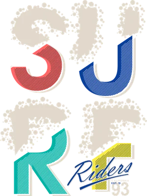 Hình in typography retro với các chữ cái S, J, R, T màu sắc nổi bật và logo Riders California 93 trên nền xám.