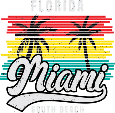 Hình in chuyển nhiệt Miami Florida South Beach với cây dừa và hoàng hôn, phong cách retro.