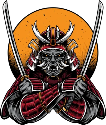 Hình ảnh minh họa chiến binh Samurai mặc giáp đỏ, cầm hai thanh kiếm, với mặt nạ Oni và nền mặt trời cam.