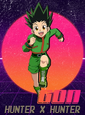 Hình ảnh nhân vật Gon từ anime Hunter x Hunter đang chạy, với nền retro màu hồng cam và tím.