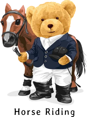 Hình minh họa gấu Teddy mặc trang phục cưỡi ngựa màu xanh đậm, quần trắng, ủng đen, cầm mũ bảo hiểm và roi, đứng cạnh chú ngựa nâu. Nền xám.