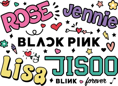 Hình ảnh các thành viên BLACKPINK Jisoo, Jennie, Lisa, Rosé với phong cách chibi dễ thương, kèm chữ "BLACKPINK" và "BLINK forever"