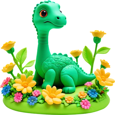 Hình ảnh khủng long con màu xanh lá cây dễ thương ngồi giữa thảm hoa nhiều màu sắc, phong cách 3D hoạt hình.