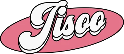 Logo Tisco với chữ viết tay màu trắng, viền đen, đặt trên hình oval màu hồng, nền xám.