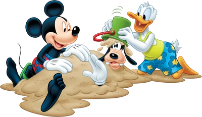 Hình ảnh hoạt hình Mickey Mouse, Donald Duck và Goofy đang vui chơi trên bãi biển, Donald đổ cát lên đầu Goofy, Mickey bị vùi trong cát.
