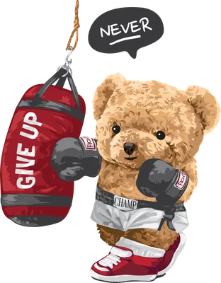 Hình ảnh gấu bông đeo găng boxing, đang tập luyện với bao cát, có chữ 'NEVER GIVE UP' và 'CHAMP'