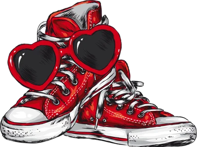Hình ảnh minh họa đôi giày Converse cổ cao màu đỏ với dây giày trắng và cặp kính râm hình trái tim màu đỏ.