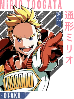 Hình vẽ Mirio Togata "Lemillion" từ anime My Hero Academia, tóc vàng, mắt xanh, đang chỉ tay về phía trước.