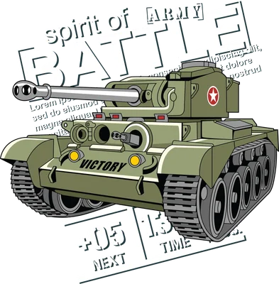 Hình minh họa xe tăng quân đội màu xanh lá cây với dòng chữ "Spirit of Battle" và "ARMY" phía trên, "VICTORY" ở thân xe.