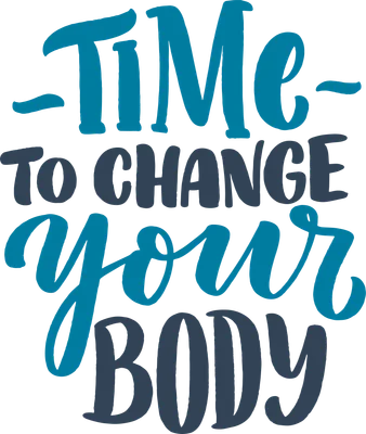 Dòng chữ 'Time to change your body' viết tay màu xanh dương và xanh lam trên nền xám.