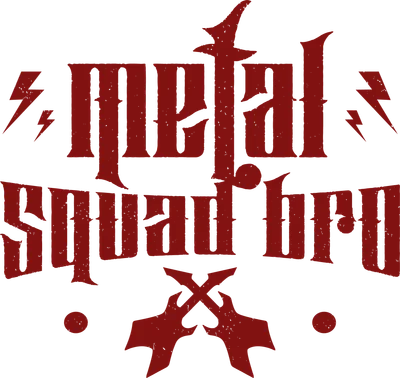 Logo Metal Squad Bro với chữ đỏ trên nền xám, có hình tia sét và đàn guitar chéo.