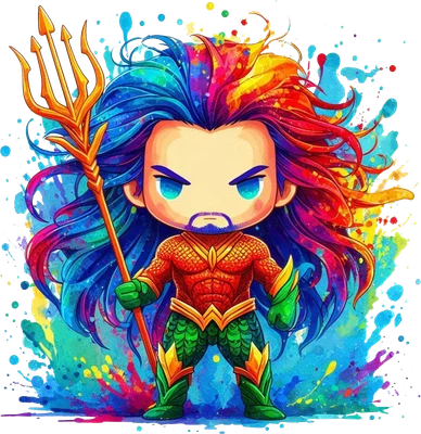 Hình chibi Aquaman tóc nhiều màu sắc rực rỡ, cầm đinh ba vàng, đứng trên nền bắn màu nước.