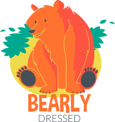 Hình ảnh gấu con màu cam dễ thương ngồi trên nền vàng, có chữ "Bearly Dressed" bên dưới.