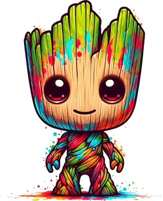 Hình ảnh Baby Groot chibi với thân cây màu gỗ và những vệt sơn màu sắc rực rỡ, đôi mắt to tròn đáng yêu.