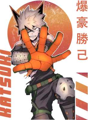 Hình vẽ nhân vật Katsuki Bakugo trong anime, tay giơ ra phía trước, biểu cảm mạnh mẽ.