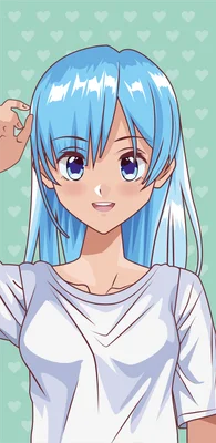 Hình ảnh cô gái anime tóc xanh dương, mắt to tròn, mặc áo thun trắng, phong cách dễ thương.