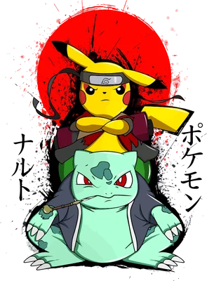 Hình ảnh Pikachu đội băng đô Naruto và Bulbasaur ngậm tẩu thuốc, nền xám có vệt sơn đỏ và chữ Nhật.