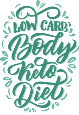 Chữ nghệ thuật "Low Carb Body Keto Diet" màu xanh ngọc trên nền xám, có họa tiết lá cách điệu.