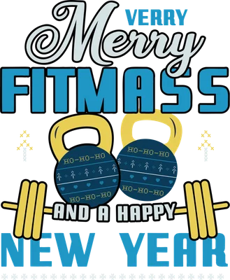 Hình ảnh thiết kế chữ 'Merry Fitmass and a Happy New Year' với tạ barbell và hai chuông kettlebell trang trí họa tiết Giáng sinh.