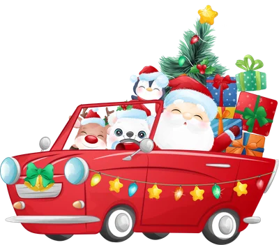Hình vẽ ông già Noel, tuần lộc, gấu bắc cực và chim cánh cụt ngồi trên xe hơi đỏ chở cây thông Noel và quà.