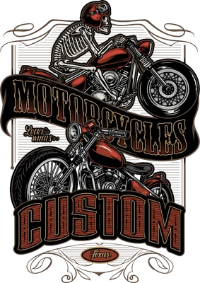 Hình minh họa bộ xương lái xe mô tô phong cách cổ điển với chữ Custom Motorcycles