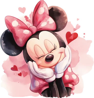 Hình ảnh Minnie Mouse hoạt hình dễ thương với nơ hồng chấm bi, biểu cảm hạnh phúc, phong cách màu nước, nền splash hồng.
