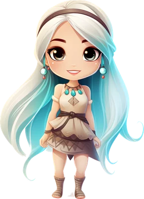 Hình ảnh cô gái chibi tóc xanh dài, mặc trang phục thổ dân màu be, đeo phụ kiện ngọc lam, mỉm cười đáng yêu.