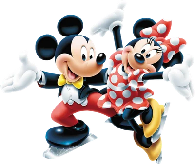 Mickey và Minnie Mouse hoạt hình đang trượt băng nghệ thuật, mỉm cười vui vẻ trên nền xám.