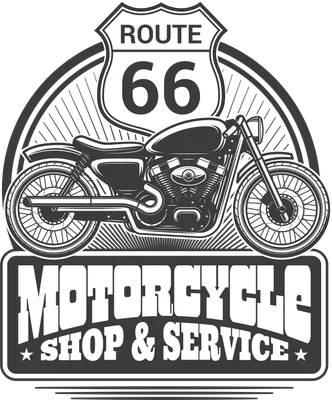Hình ảnh đồ họa xe mô tô cổ điển màu đen trắng với biển hiệu Route 66 và dòng chữ 'Motorcycle Shop & Service'.