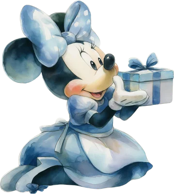 Hình ảnh Minnie Mouse hoạt hình đáng yêu mặc váy xanh, đeo nơ chấm bi, đang mỉm cười và cầm hộp quà màu xanh trắng.