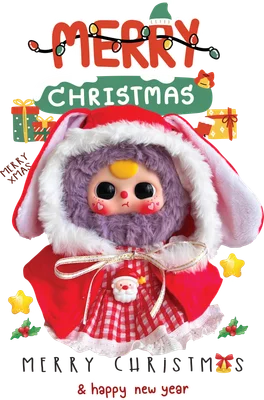 Hình ảnh búp bê thỏ màu tím mặc đồ Giáng Sinh đỏ trắng, xung quanh có đèn, quà, chữ Merry Christmas.