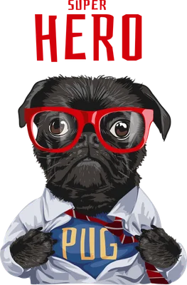 Hình minh họa chó Pug đen đeo kính đỏ, mặc áo sơ mi hở ngực kiểu siêu anh hùng, phong cách hoạt hình dễ thương