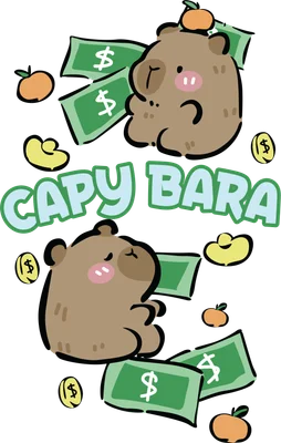 Hình vẽ capybara hoạt hình dễ thương màu nâu ôm tiền đô và các đồng xu vàng, kèm chữ CAPY BARA màu xanh nhạt trên nền xám.