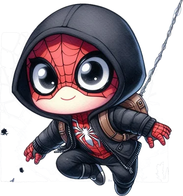 Hình ảnh Người Nhện chibi đáng yêu mặc áo hoodie đen, balo nâu, đang bay với tơ nhện trên nền xám.