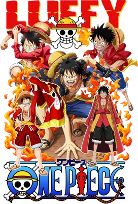 Tổng hợp các hình ảnh Monkey D. Luffy từ One Piece với nhiều trang phục và biểu cảm khác nhau, cùng logo One Piece và biểu tượng hải tặc.