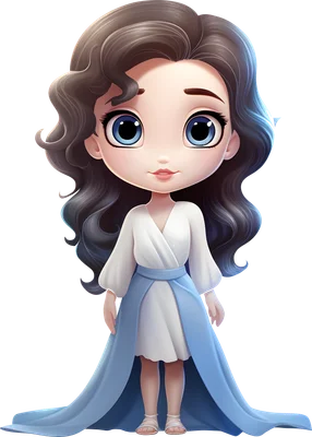 Hình minh họa cô gái chibi dễ thương với mái tóc xoăn đen, đôi mắt to màu xanh dương, mặc váy trắng và dải lụa xanh.