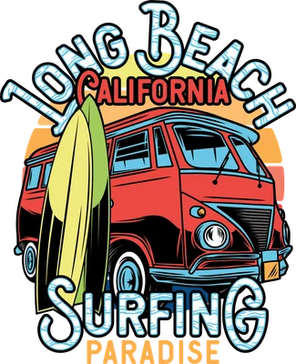 Hình minh họa xe bus cổ điển màu đỏ với ván lướt sóng, phong cách retro Long Beach California