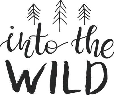Thiết kế chữ viết tay 'Into the Wild' với ba cây thông đơn giản phía trên, màu đen trên nền xám.