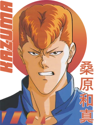 Hình ảnh nhân vật anime Kazuma Kuwabara với mái tóc cam bồng bềnh, biểu cảm nghiêm nghị, mặc áo xanh.