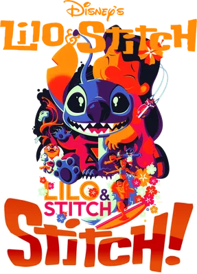 Hình ảnh Stitch và Lilo với phong cách hoạt hình đầy màu sắc, có chữ "Lilo & Stitch"