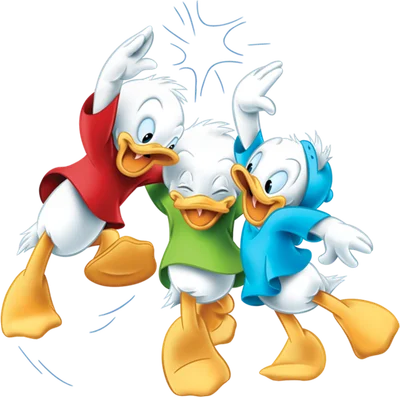 Hình ảnh ba chú vịt con Huey, Dewey, Louie của Disney đang vui vẻ nhảy múa, mặc áo đỏ, xanh lá, xanh dương.