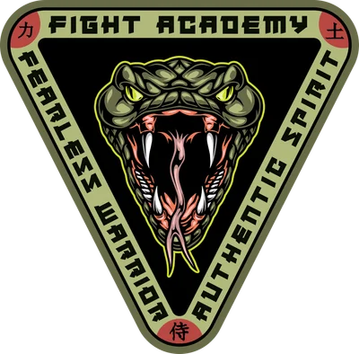 Hình ảnh logo đầu rắn hổ mang xanh lá cây hung dữ nhe nanh, viền chữ 'FIGHT ACADEMY', 'FEARLESS WARRIOR', 'AUTHENTIC SPIRIT'.